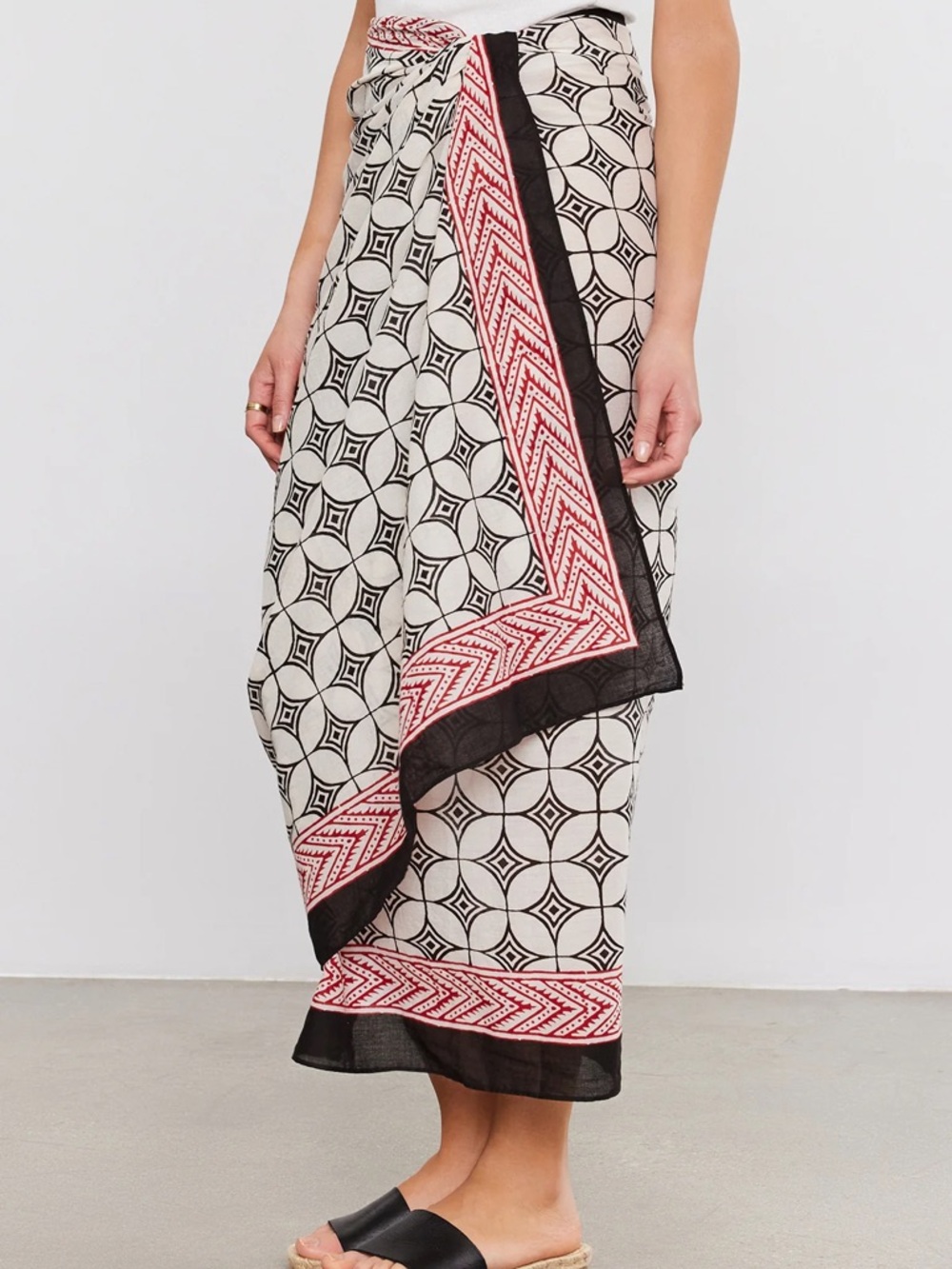 Printed Black & Cream Wrap Skirt with Red Trim